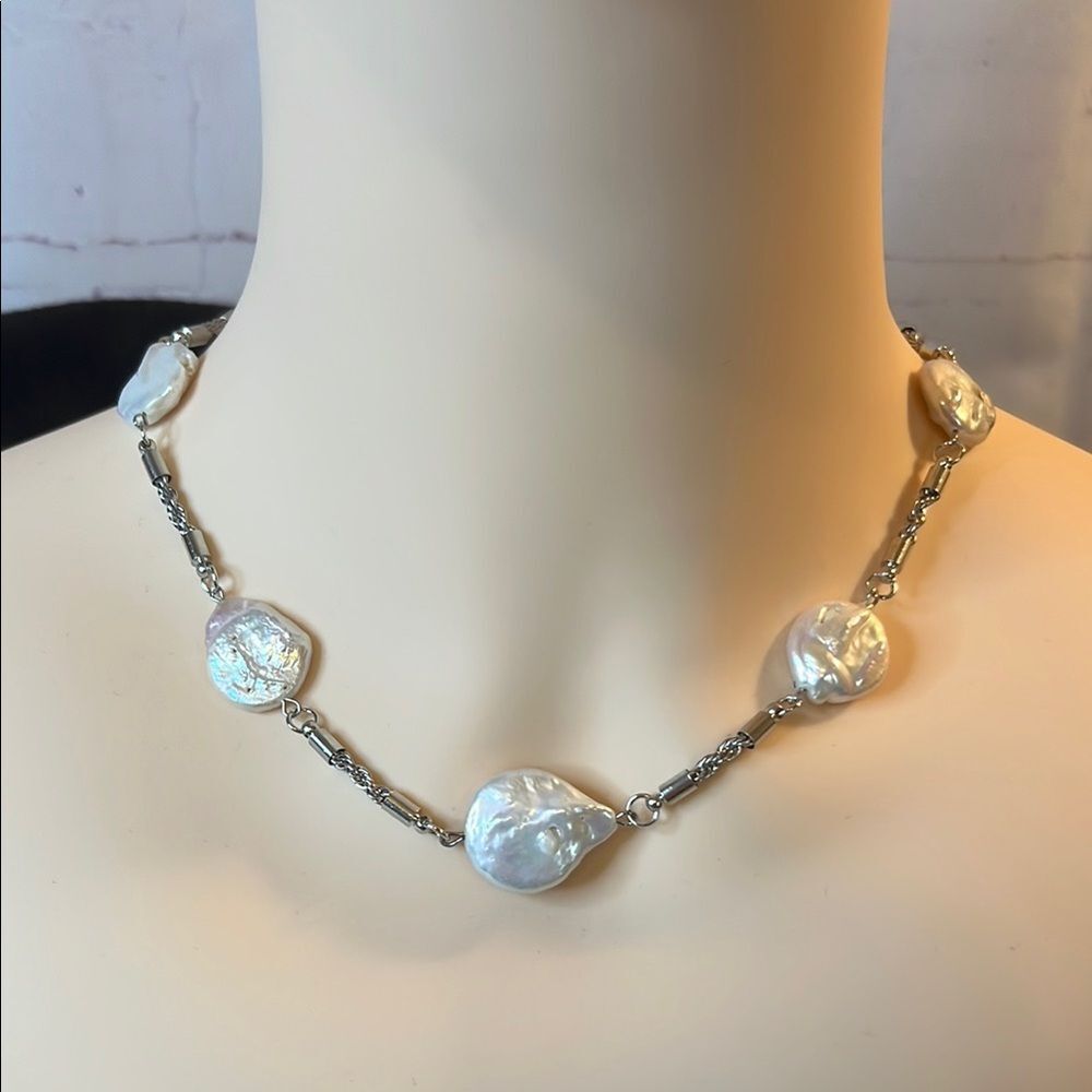 White Keshi Pearl 14-17mm Station Necklace in Stainless steel 18-20”